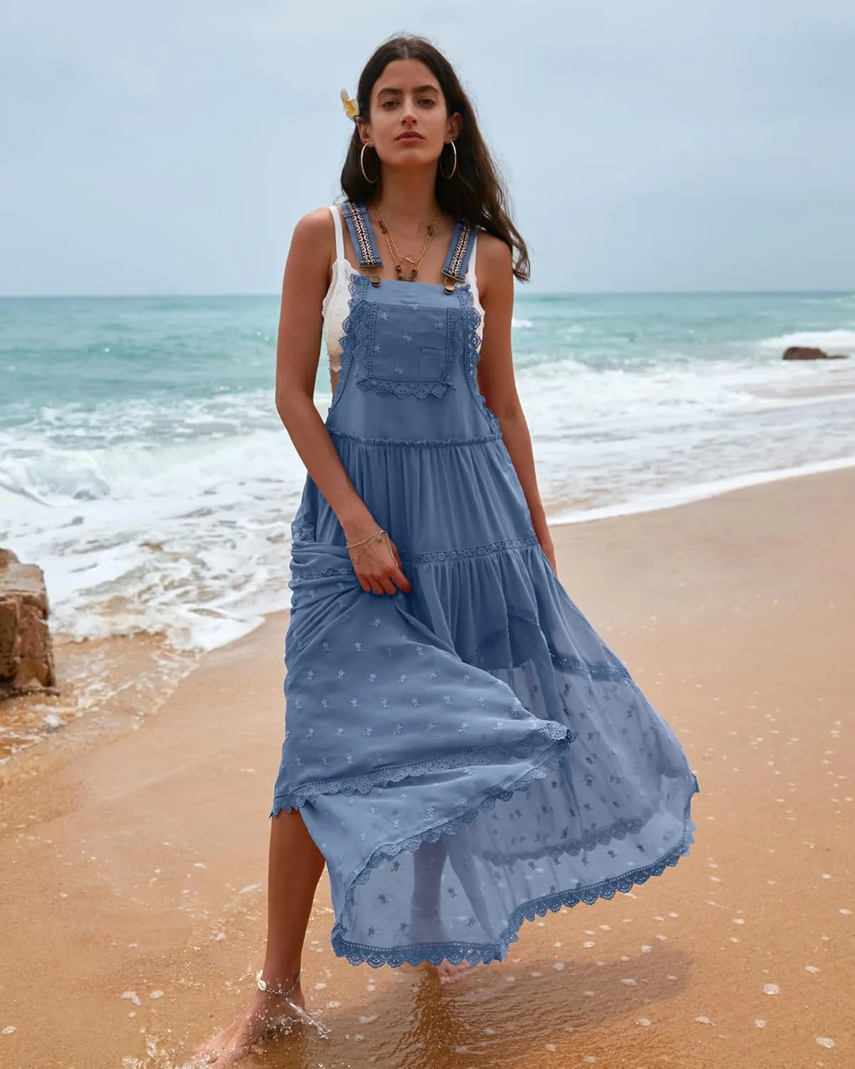 Gacaky Summer Dress for Women Casual Floral Embroidered Bohemian Dress Adjustable Straps Bib Maxi Flowy Dress with Pockets