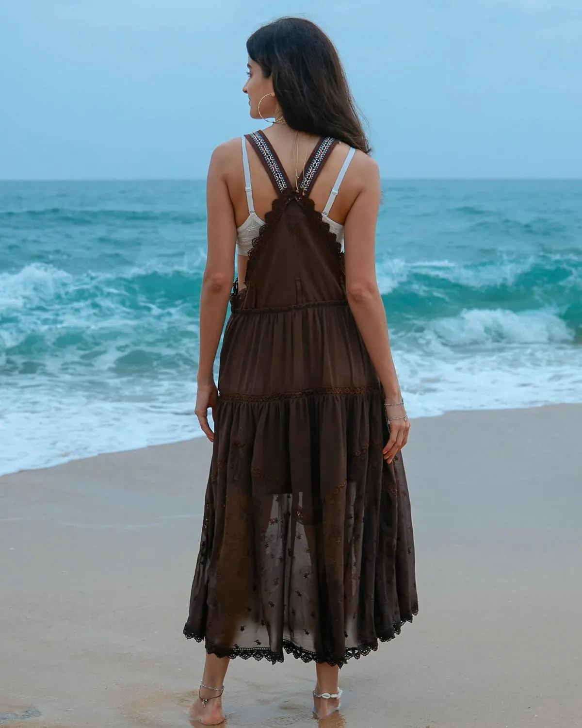 Gacaky Summer Dress for Women Casual Floral Embroidered Bohemian Dress Adjustable Straps Bib Maxi Flowy Dress with Pockets