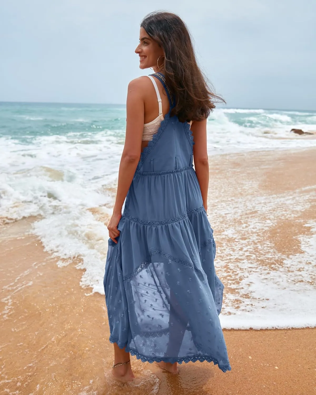 Gacaky Summer Dress for Women Casual Floral Embroidered Bohemian Dress Adjustable Straps Bib Maxi Flowy Dress with Pockets