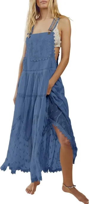 Gacaky Summer Dress for Women Casual Floral Embroidered Bohemian Dress Adjustable Straps Bib Maxi Flowy Dress with Pockets