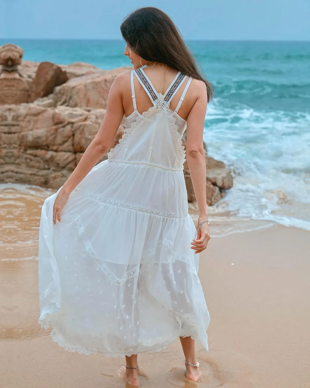 Gacaky Summer Dress for Women Casual Floral Embroidered Bohemian Dress Adjustable Straps Bib Maxi Flowy Dress with Pockets