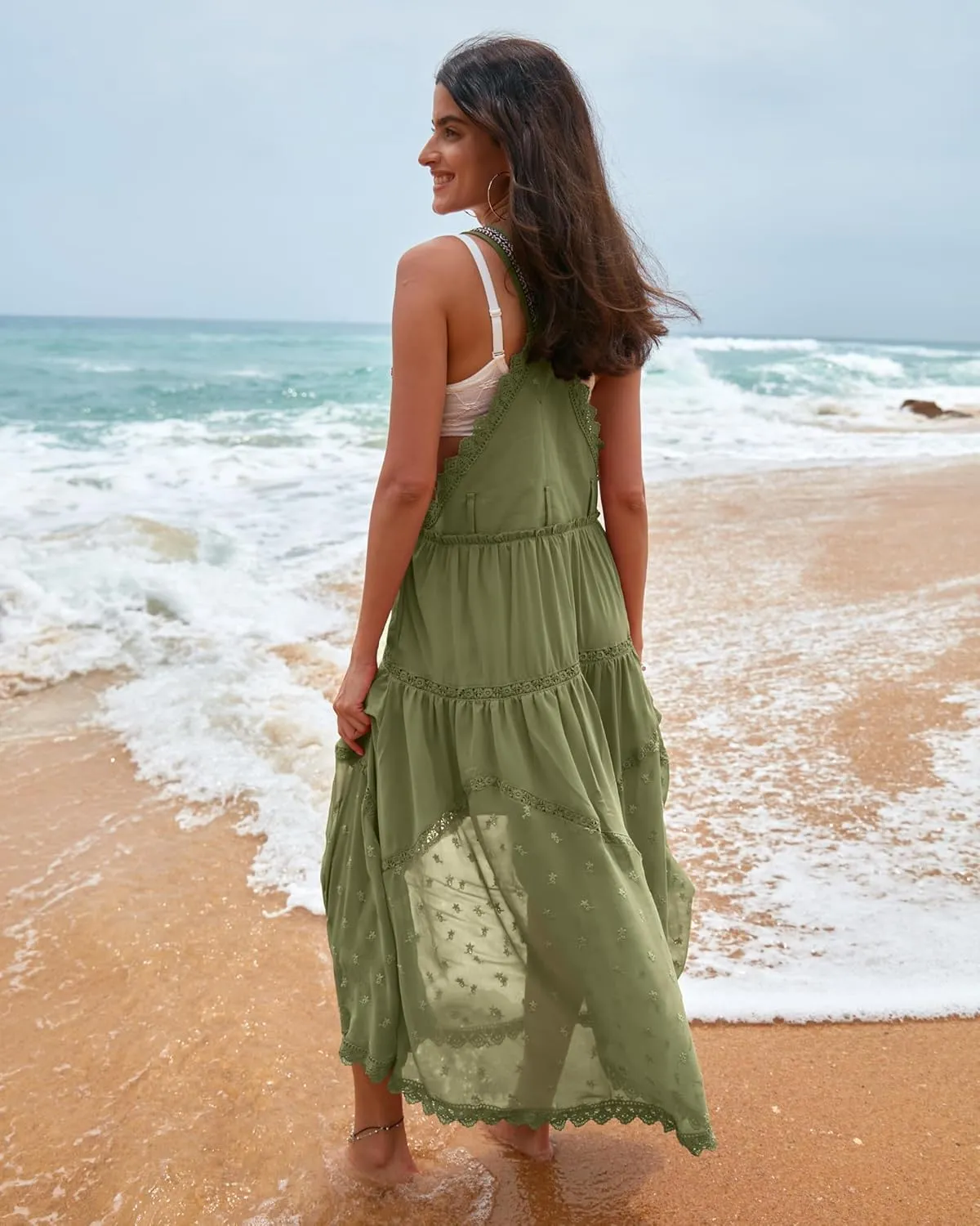 Gacaky Summer Dress for Women Casual Floral Embroidered Bohemian Dress Adjustable Straps Bib Maxi Flowy Dress with Pockets