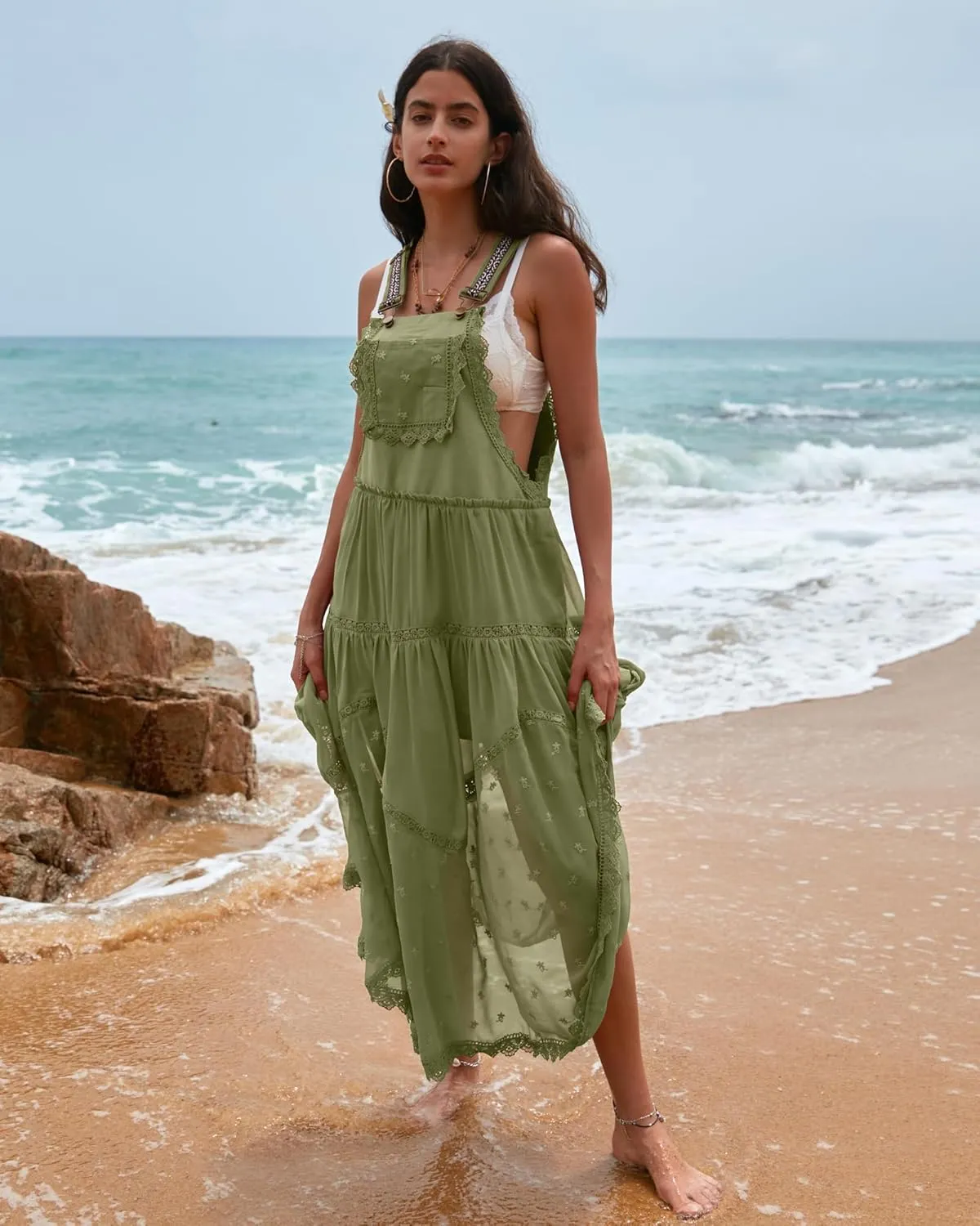 Gacaky Summer Dress for Women Casual Floral Embroidered Bohemian Dress Adjustable Straps Bib Maxi Flowy Dress with Pockets