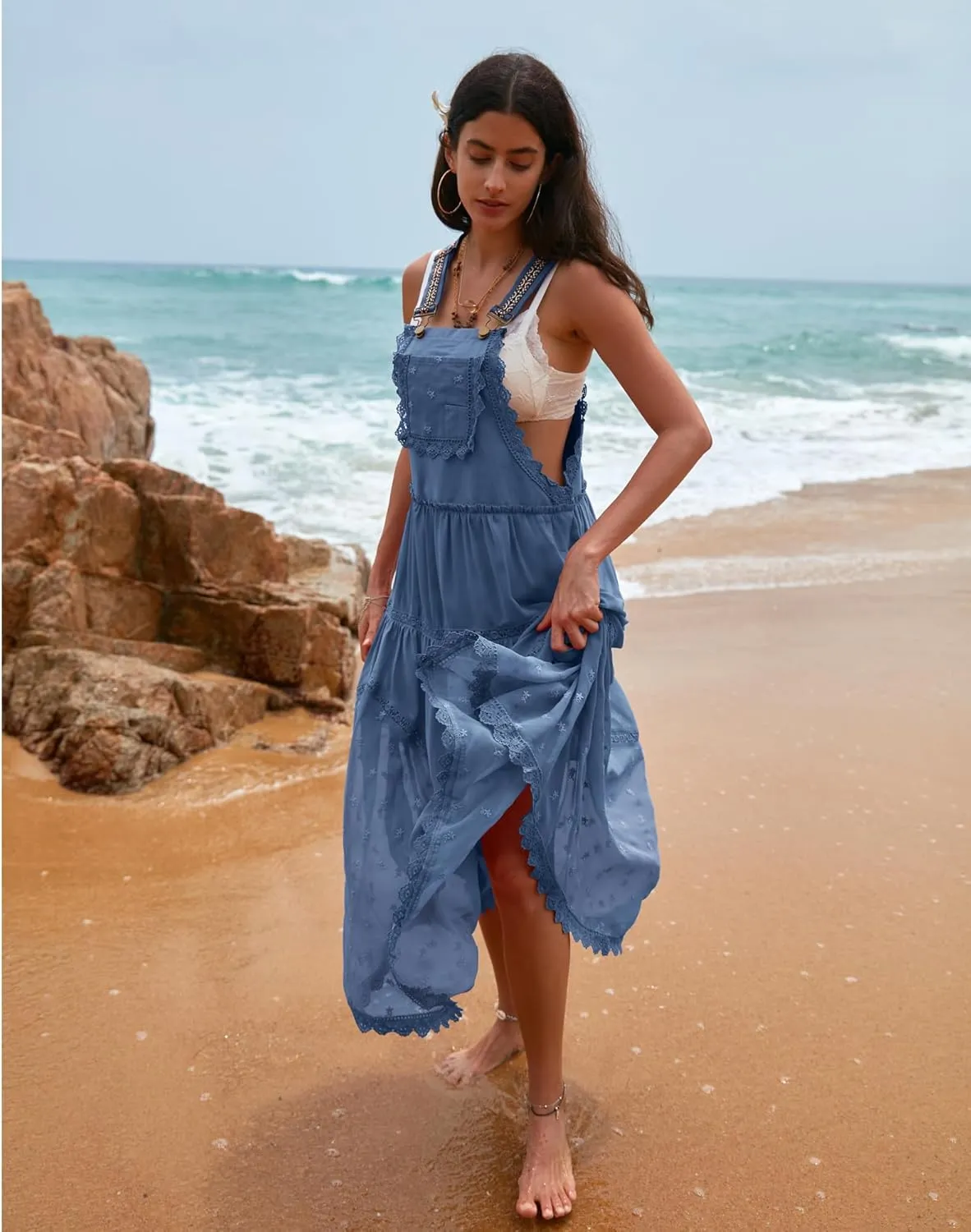 Gacaky Summer Dress for Women Casual Floral Embroidered Bohemian Dress Adjustable Straps Bib Maxi Flowy Dress with Pockets
