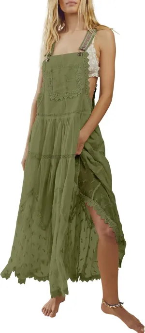 Gacaky Summer Dress for Women Casual Floral Embroidered Bohemian Dress Adjustable Straps Bib Maxi Flowy Dress with Pockets