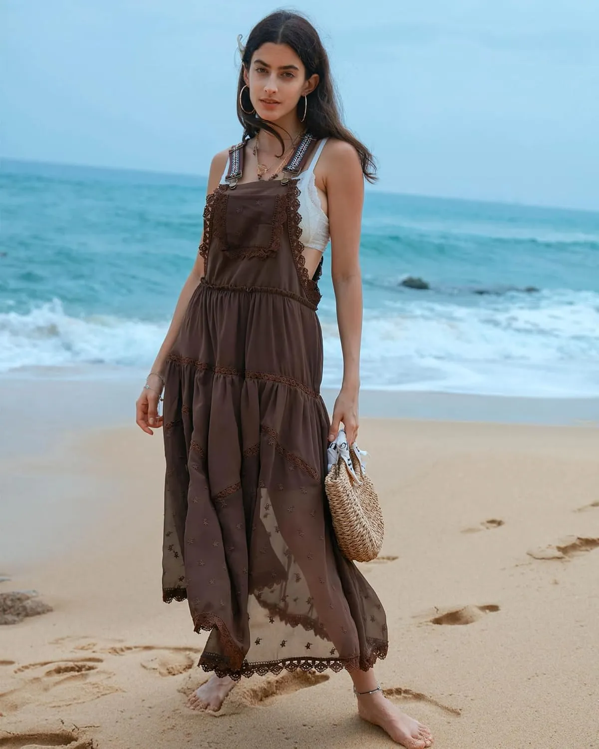 Gacaky Summer Dress for Women Casual Floral Embroidered Bohemian Dress Adjustable Straps Bib Maxi Flowy Dress with Pockets