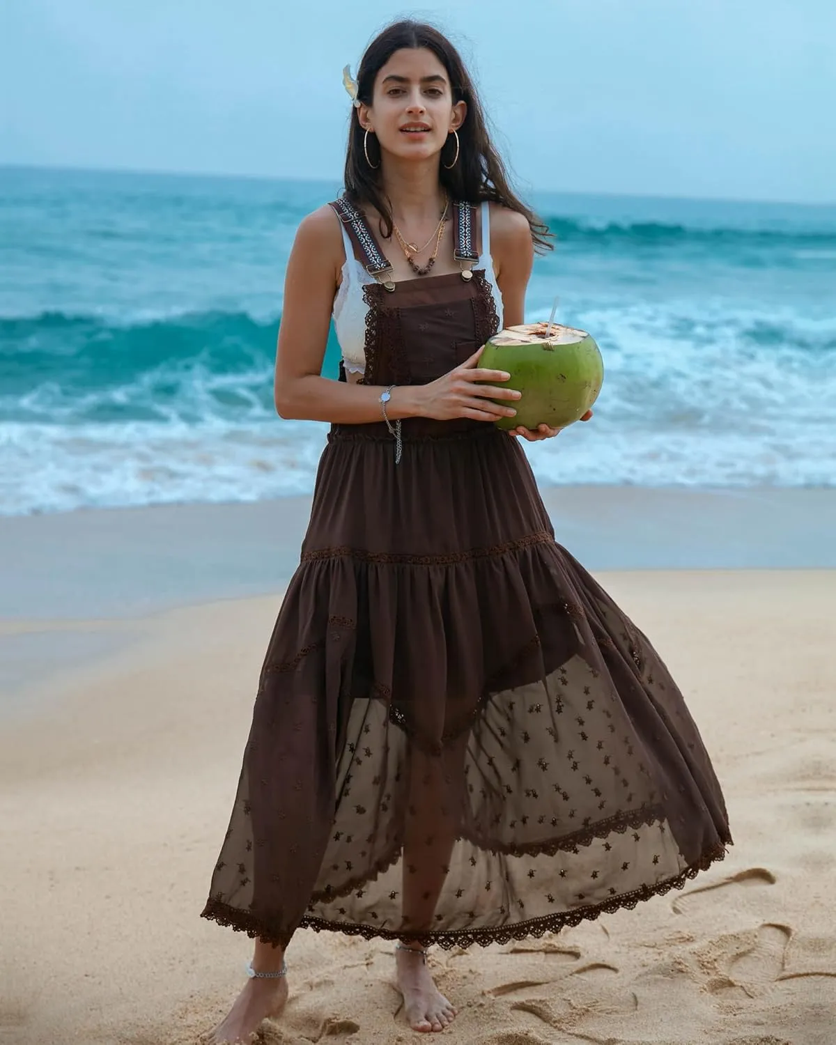 Gacaky Summer Dress for Women Casual Floral Embroidered Bohemian Dress Adjustable Straps Bib Maxi Flowy Dress with Pockets