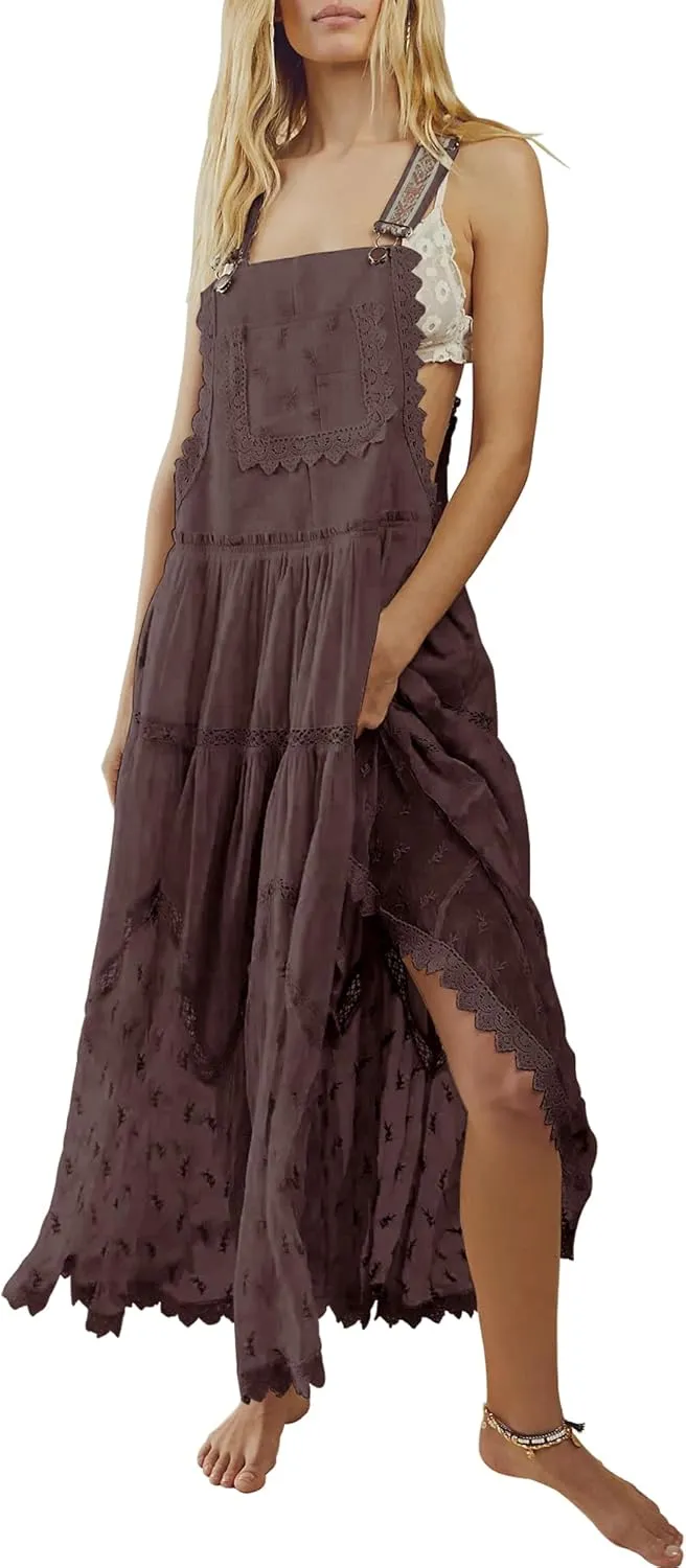 Gacaky Summer Dress for Women Casual Floral Embroidered Bohemian Dress Adjustable Straps Bib Maxi Flowy Dress with Pockets
