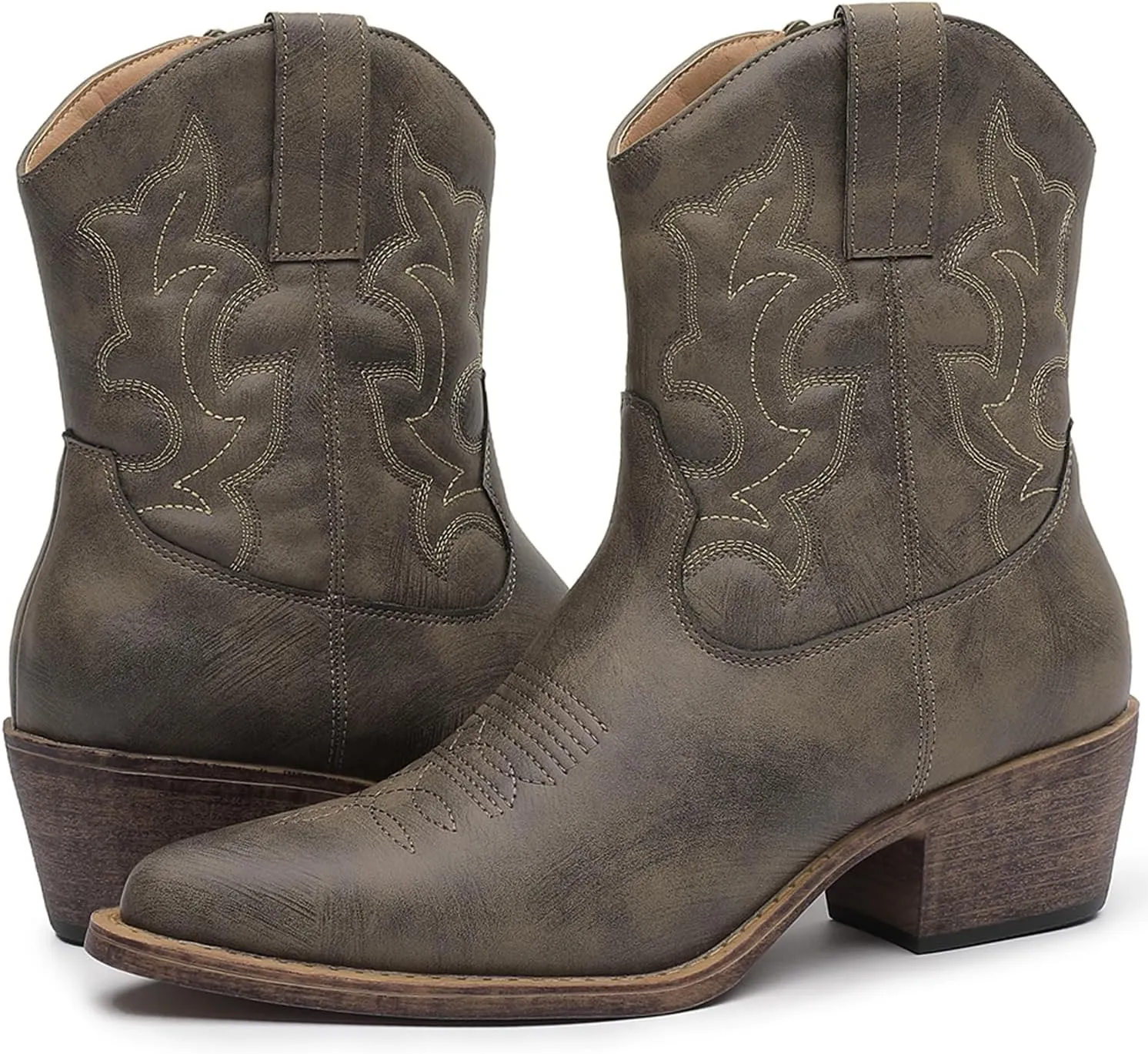 GLOBALWIN Cowboy Boots For Women Cute Cowgirl Boots Women's Western Boots With Embroidery Side Zipper Chunky Heel