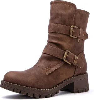 GLOBALWIN Lace up Mid Calf Motorcycle Fashion Festival Boots Combat Riding Military Boots for Women