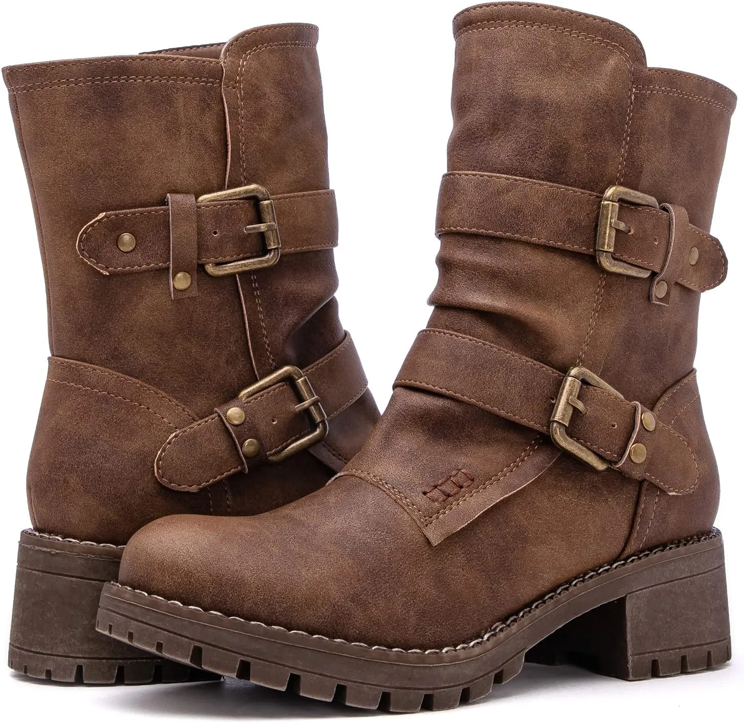 GLOBALWIN Lace up Mid Calf Motorcycle Fashion Festival Boots Combat Riding Military Boots for Women