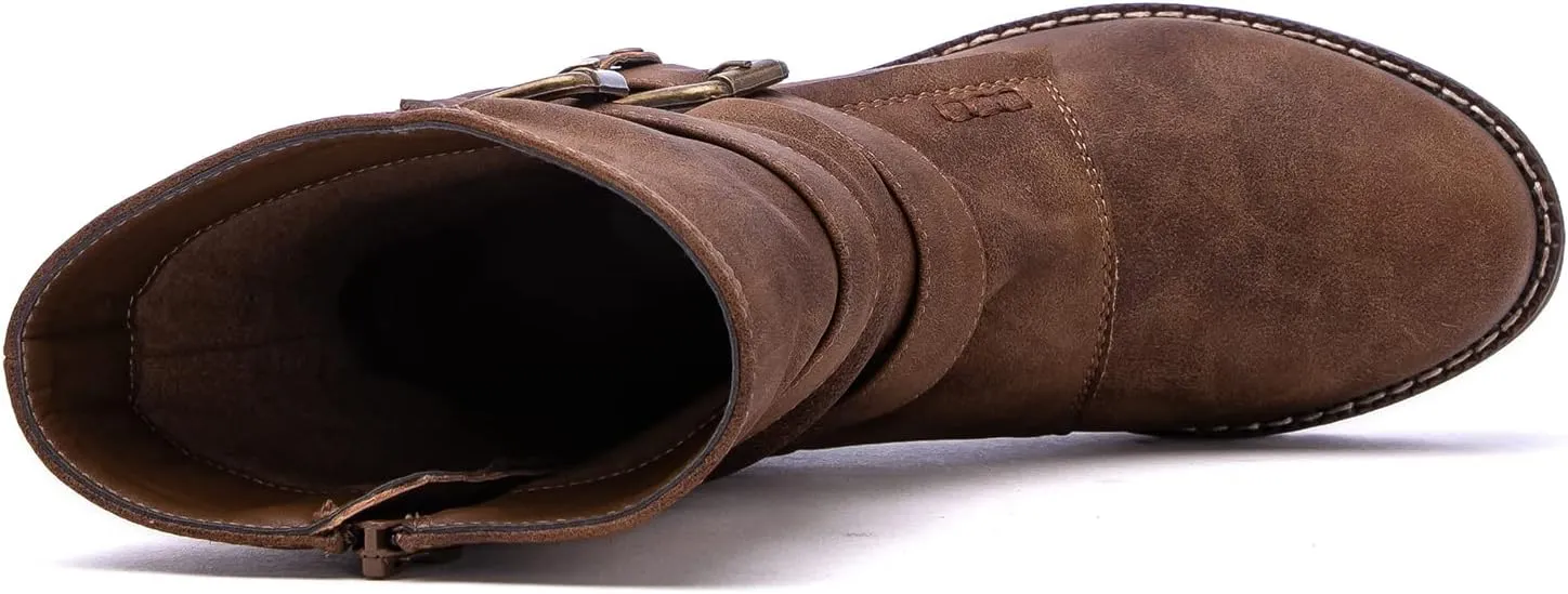 GLOBALWIN Lace up Mid Calf Motorcycle Fashion Festival Boots Combat Riding Military Boots for Women