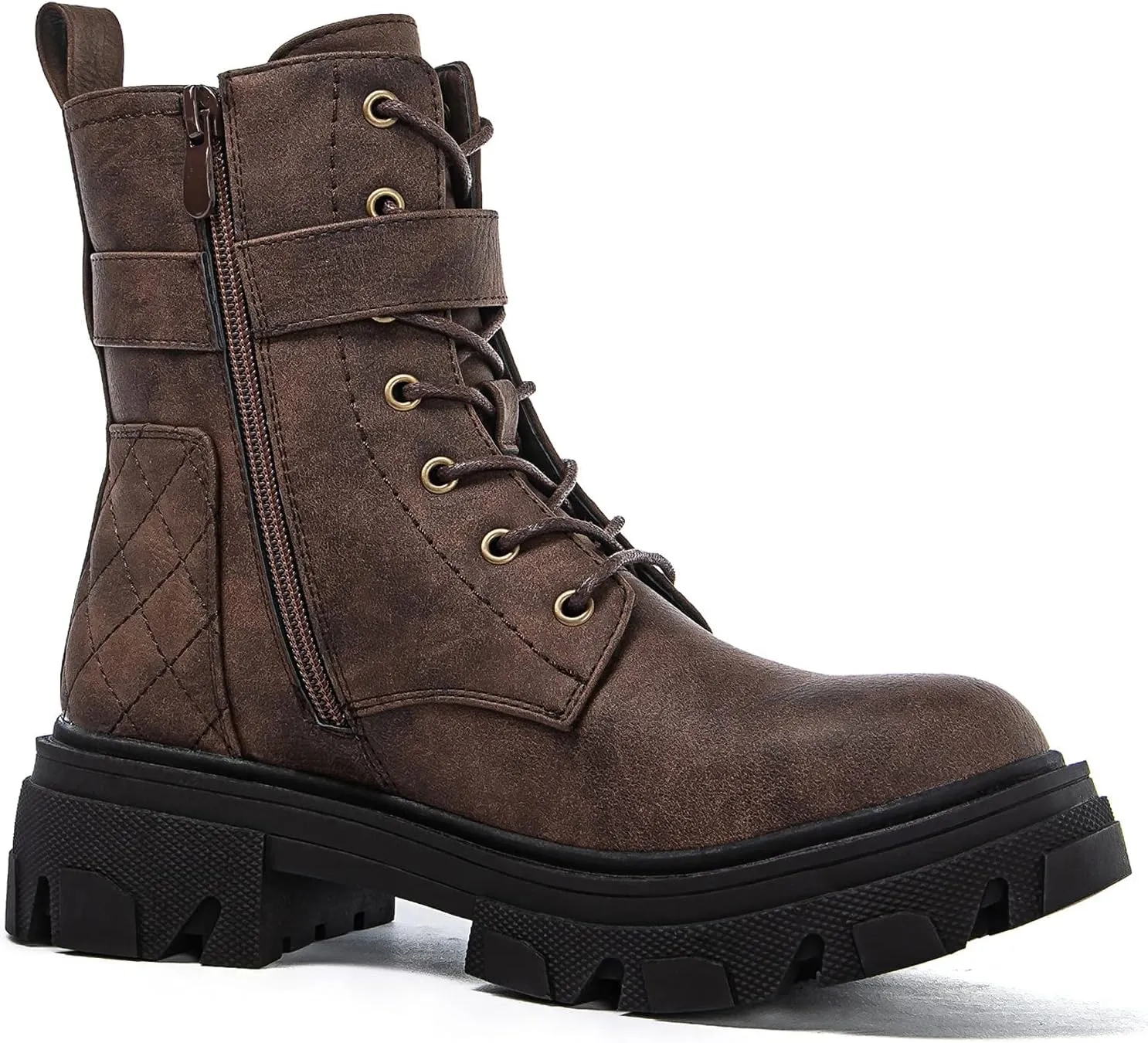 GLOBALWIN Women's Combat Boots Lace Up Ankle Booties Comfortable Lug Sole Boots For Women Chunky Low Heel