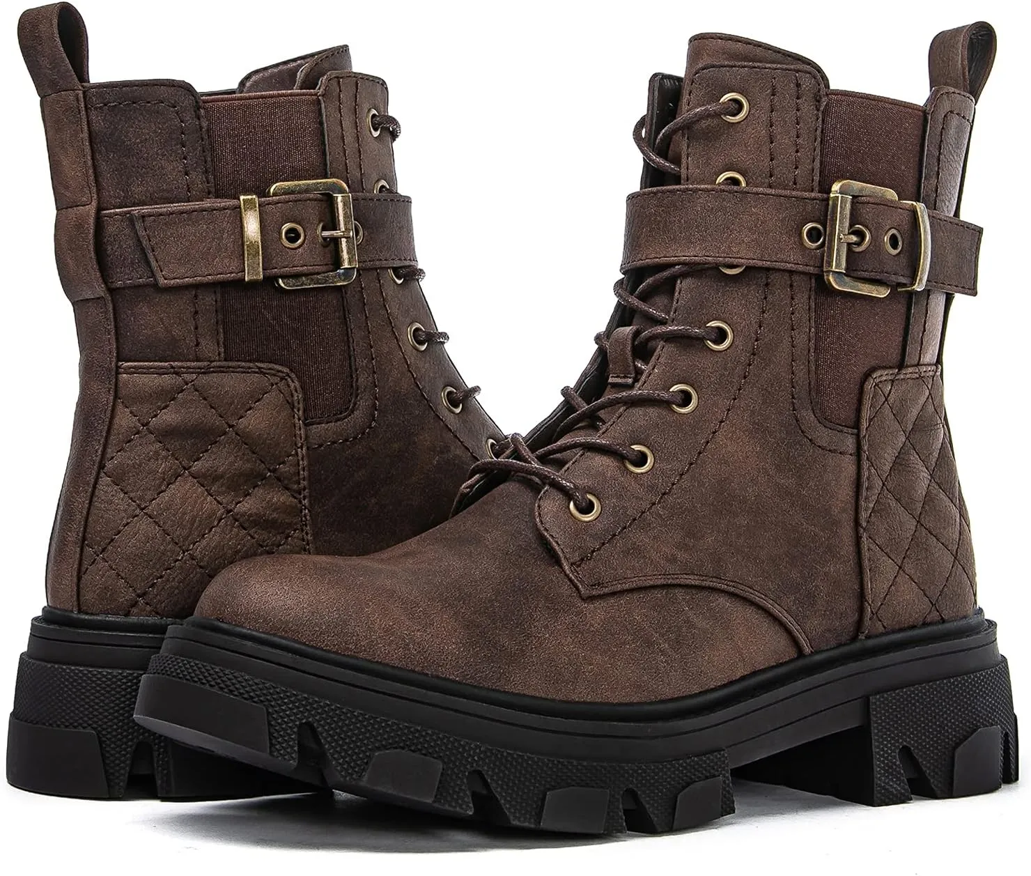 GLOBALWIN Women's Combat Boots Lace Up Ankle Booties Comfortable Lug Sole Boots For Women Chunky Low Heel