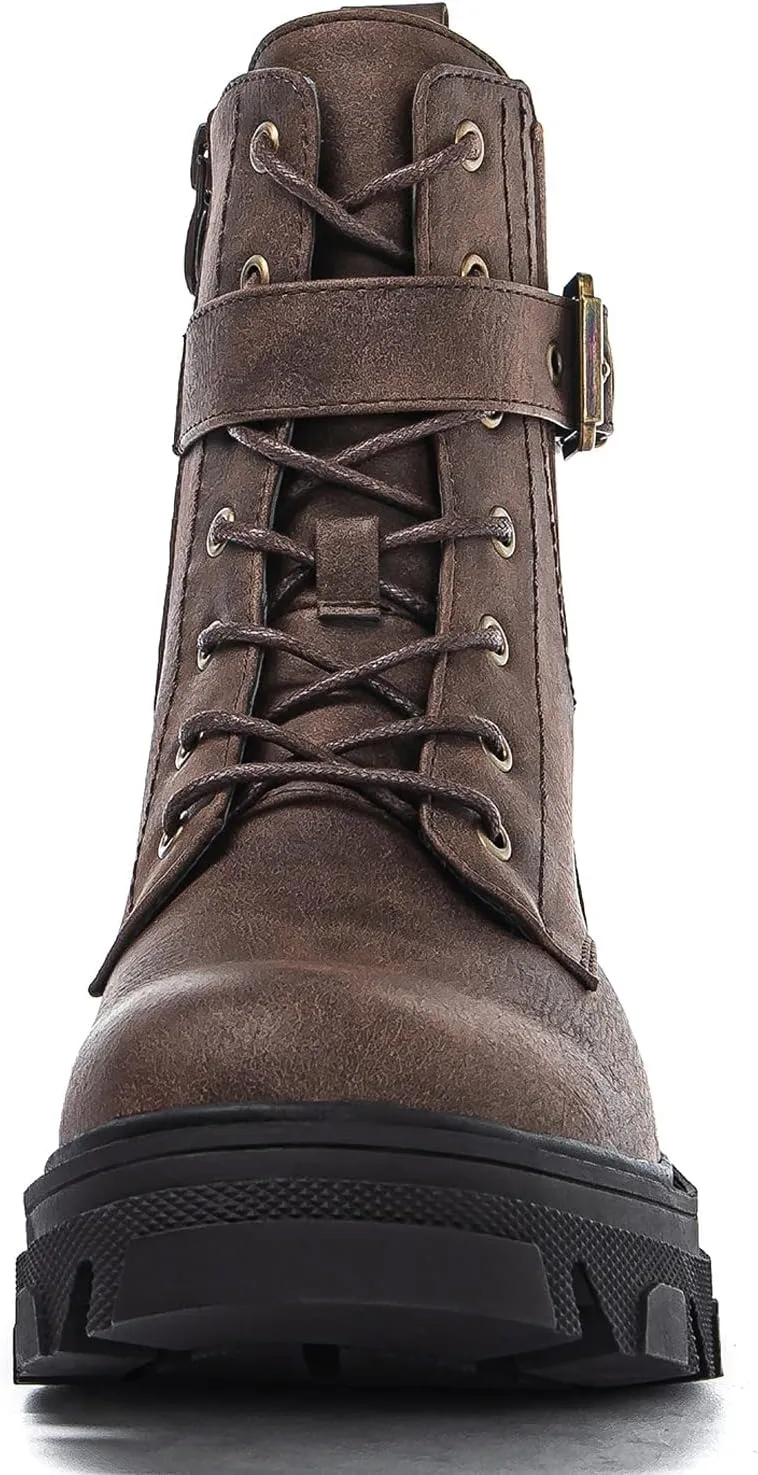 GLOBALWIN Women's Combat Boots Lace Up Ankle Booties Comfortable Lug Sole Boots For Women Chunky Low Heel
