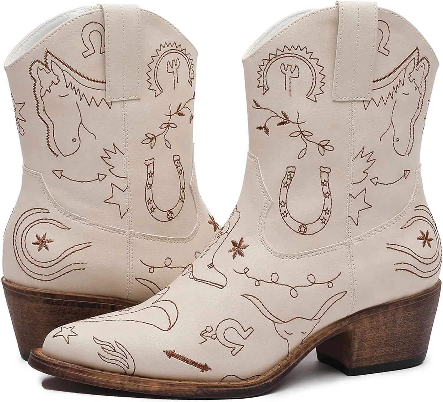 GLOBALWIN Women's Mid Calf Western Cowboy Boots Premium Cowgirl Boots for Women with Floral Embroidery Side Zipper Chunky Heel