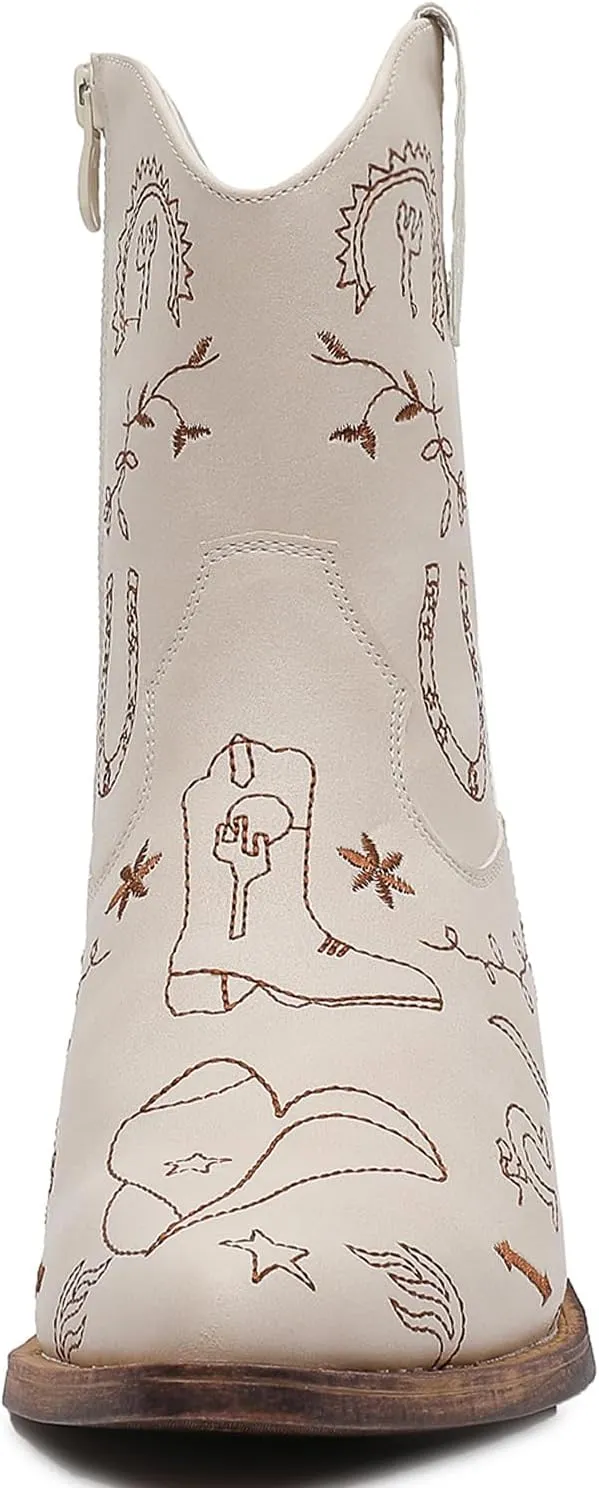 GLOBALWIN Women's Mid Calf Western Cowboy Boots Premium Cowgirl Boots for Women with Floral Embroidery Side Zipper Chunky Heel