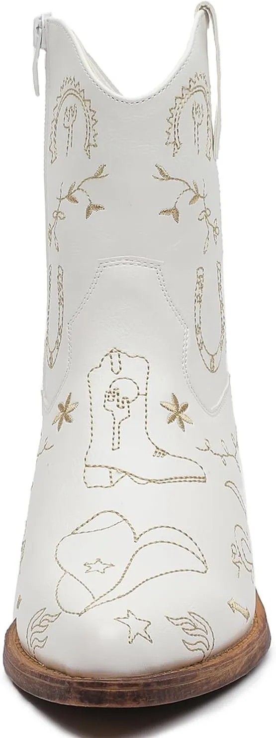 GLOBALWIN Women's Mid Calf Western Cowboy Boots Premium Cowgirl Boots for Women with Floral Embroidery Side Zipper Chunky Heel