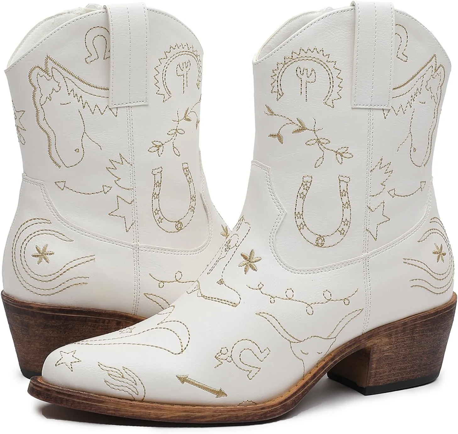 GLOBALWIN Women's Mid Calf Western Cowboy Boots Premium Cowgirl Boots for Women with Floral Embroidery Side Zipper Chunky Heel