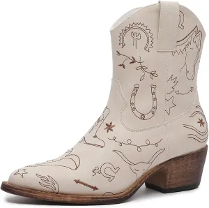 GLOBALWIN Women's Mid Calf Western Cowboy Boots Premium Cowgirl Boots for Women with Floral Embroidery Side Zipper Chunky Heel