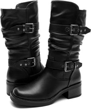 GLOBALWIN Women's Motorcycle Boots Fall Fashion Mid Calf Boots For Women Square Toe Low Heel Size 10M