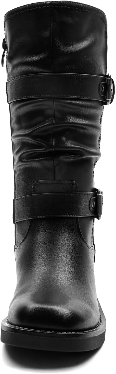 GLOBALWIN Women's Motorcycle Boots Fall Fashion Mid Calf Boots For Women Square Toe Low Heel Size 10M