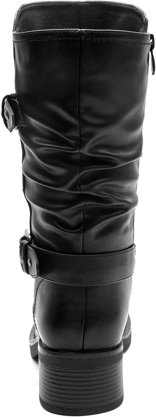 GLOBALWIN Women's Motorcycle Boots Fall Fashion Mid Calf Boots For Women Square Toe Low Heel Size 10M