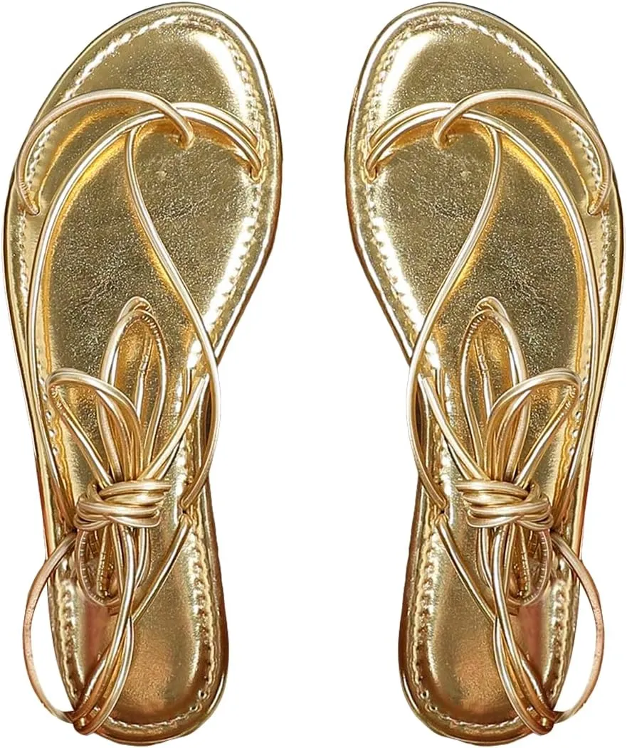 GORGLITTER Women's Gold Metallic Lace Up Sandals Strappy Open Toe Thong Tie Up Slides