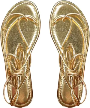 GORGLITTER Women's Gold Metallic Lace Up Sandals Strappy Open Toe Thong Tie Up Slides