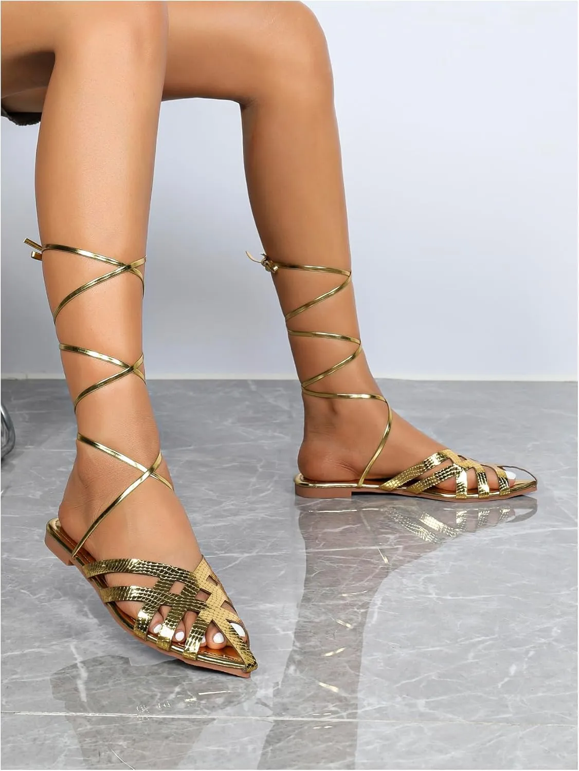 GORGLITTER Women's Metallic Lace Up Flat Sandals Pointy Toe Wrap Tie Up Gladiator Sandals