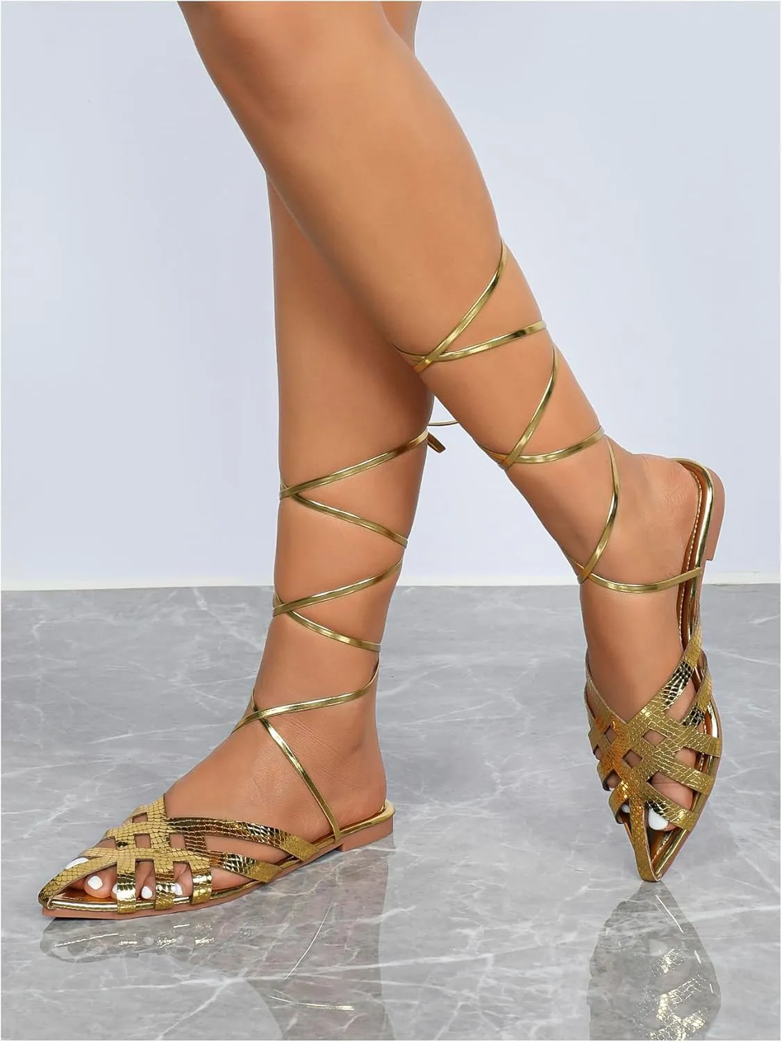 GORGLITTER Women's Metallic Lace Up Flat Sandals Pointy Toe Wrap Tie Up Gladiator Sandals