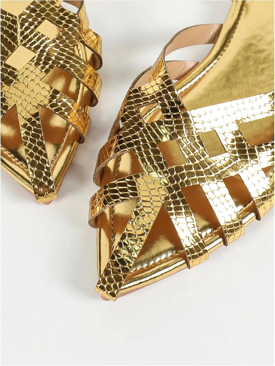 GORGLITTER Women's Metallic Lace Up Flat Sandals Pointy Toe Wrap Tie Up Gladiator Sandals