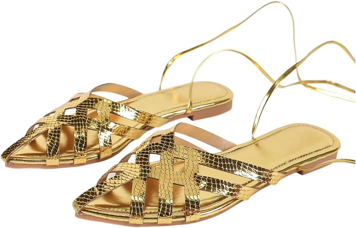 GORGLITTER Women's Metallic Lace Up Flat Sandals Pointy Toe Wrap Tie Up Gladiator Sandals