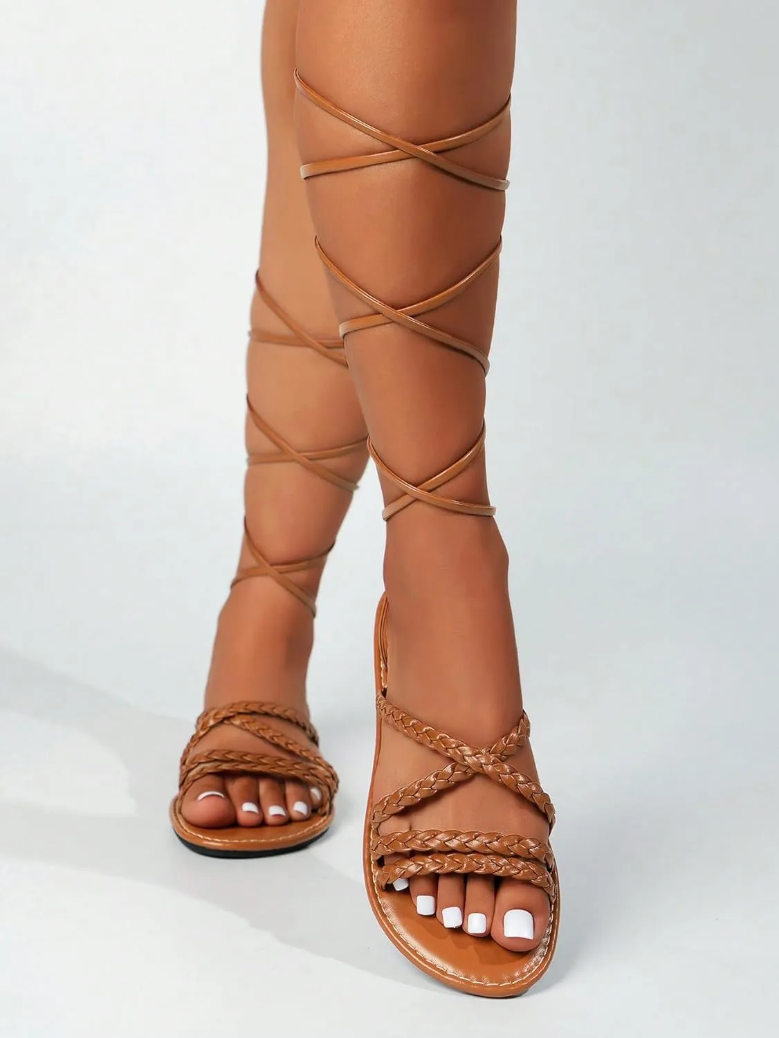 GORGLITTER Women's Rope Lace Up Sandals Tie Up Strappy Flat Sandals Gladiator Open Toe Western Slide Sandals