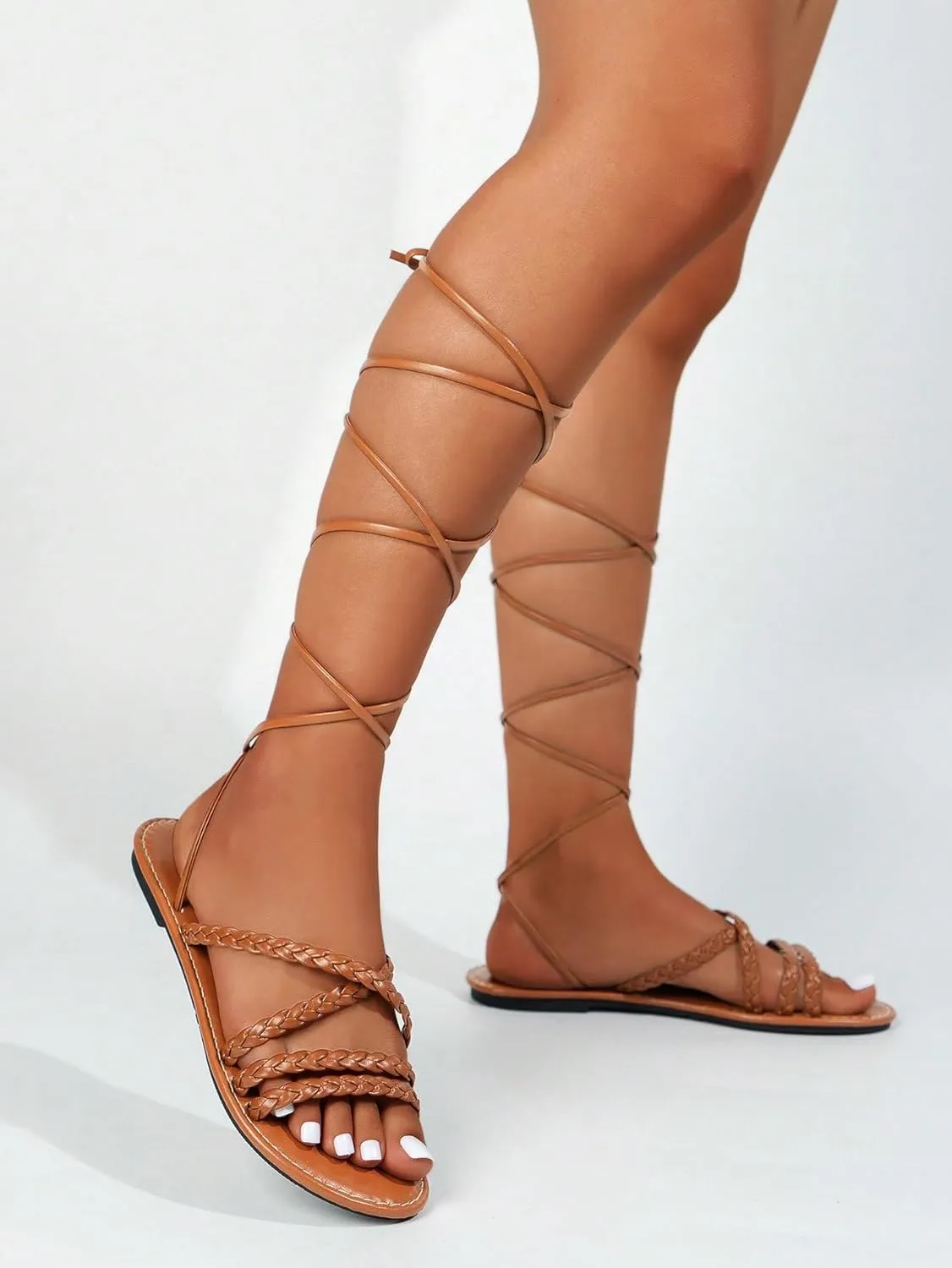 GORGLITTER Women's Rope Lace Up Sandals Tie Up Strappy Flat Sandals Gladiator Open Toe Western Slide Sandals