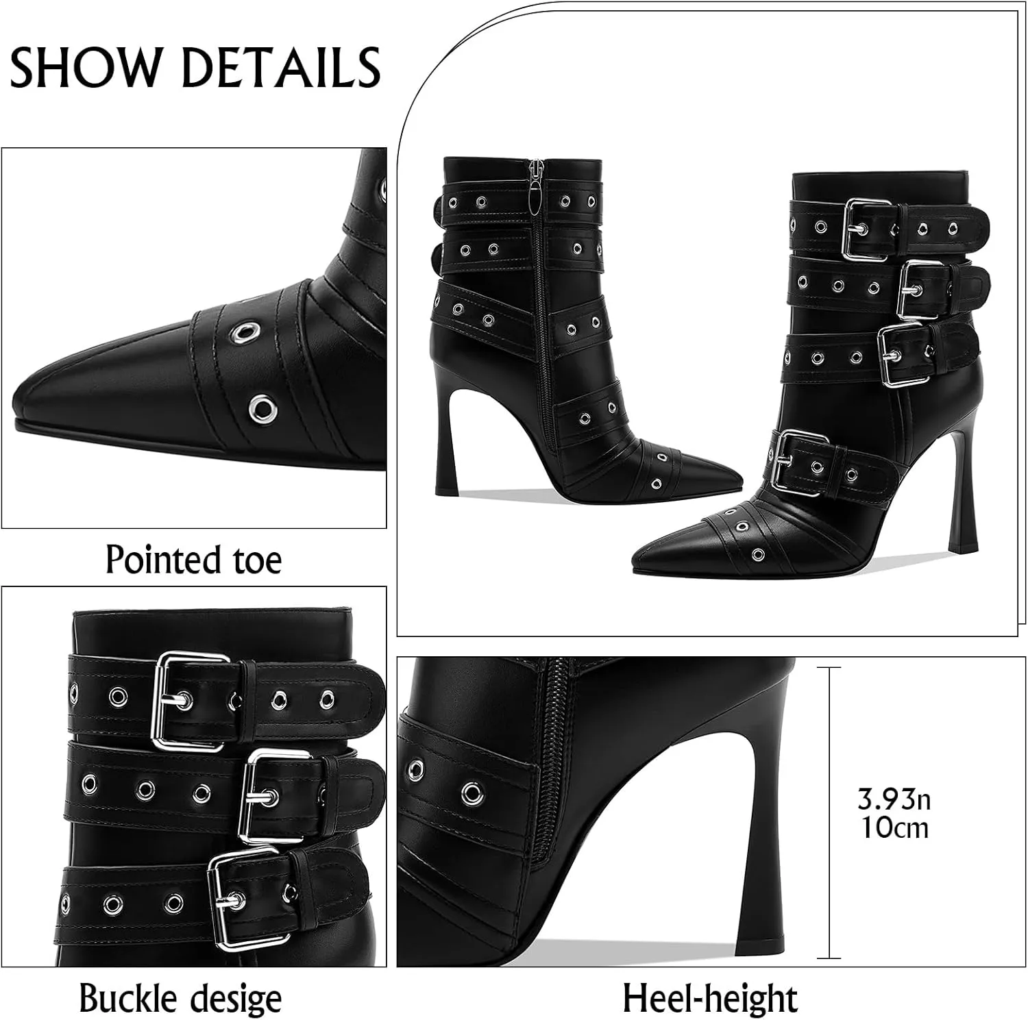 GOSERCE Black White Knee High Boots for Women Sexy Pointed Toe Buckle Rivets Tall Stiletto Boot Fashion Trendy High Heel Long Boots Zipper Ladies Patent Leather Black White Shoes Fall Winter