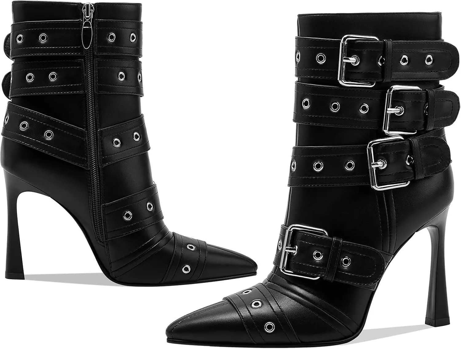 GOSERCE Black White Knee High Boots for Women Sexy Pointed Toe Buckle Rivets Tall Stiletto Boot Fashion Trendy High Heel Long Boots Zipper Ladies Patent Leather Black White Shoes Fall Winter