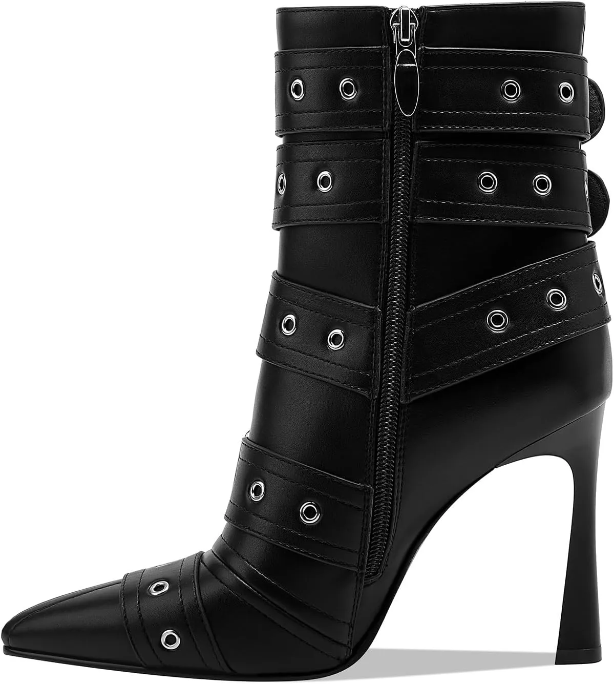 GOSERCE Black White Knee High Boots for Women Sexy Pointed Toe Buckle Rivets Tall Stiletto Boot Fashion Trendy High Heel Long Boots Zipper Ladies Patent Leather Black White Shoes Fall Winter