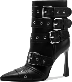 GOSERCE Black White Knee High Boots for Women Sexy Pointed Toe Buckle Rivets Tall Stiletto Boot Fashion Trendy High Heel Long Boots Zipper Ladies Patent Leather Black White Shoes Fall Winter