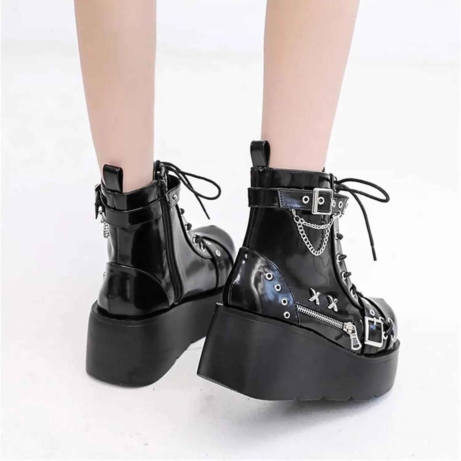 Goth Chunky Ankle Boots for Women - Bat Buckle DIY Platform,Zip Round Toe Lace Up Combat Bootie, Wedge Rave Boots Black Punk Shoes - Light Weight & Waterproof