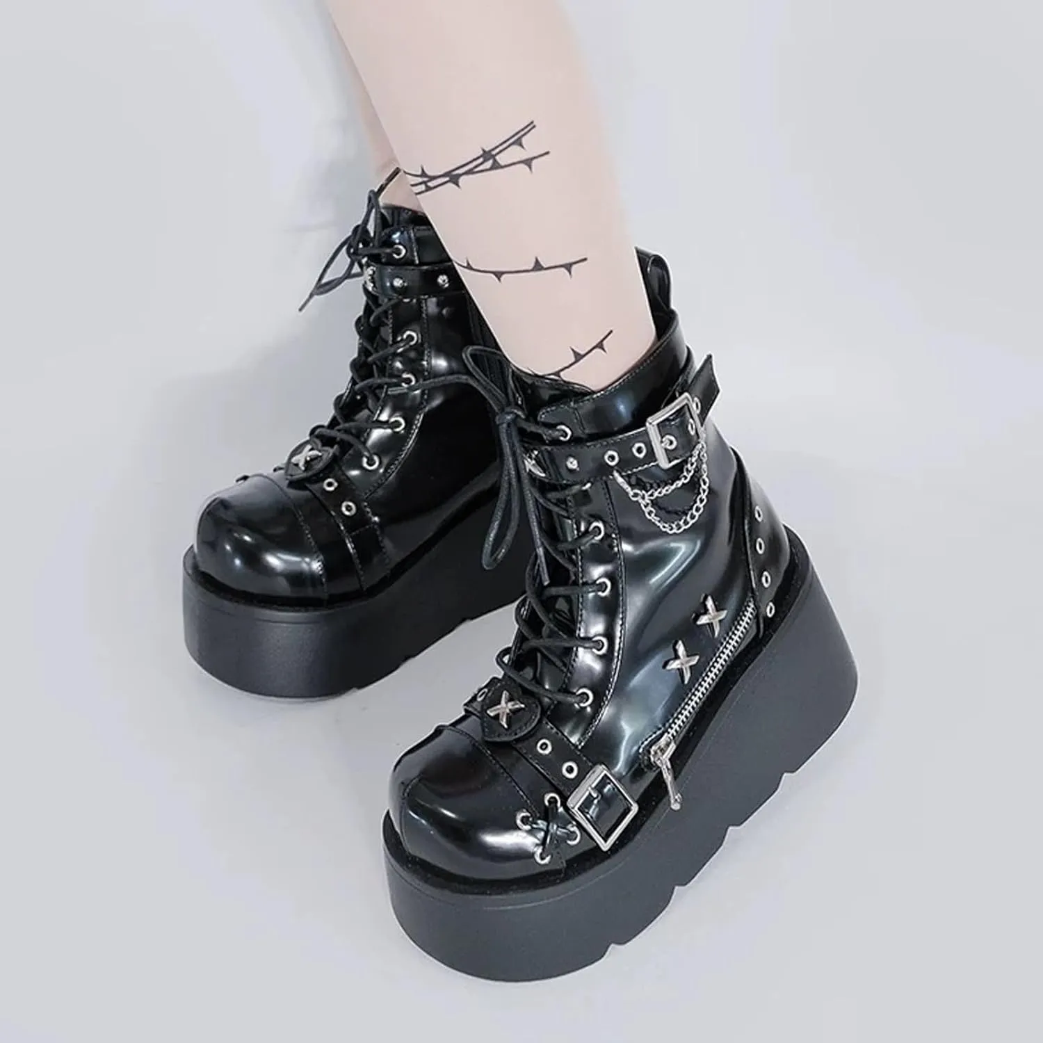 Goth Chunky Ankle Boots for Women - Bat Buckle DIY Platform,Zip Round Toe Lace Up Combat Bootie, Wedge Rave Boots Black Punk Shoes - Light Weight & Waterproof
