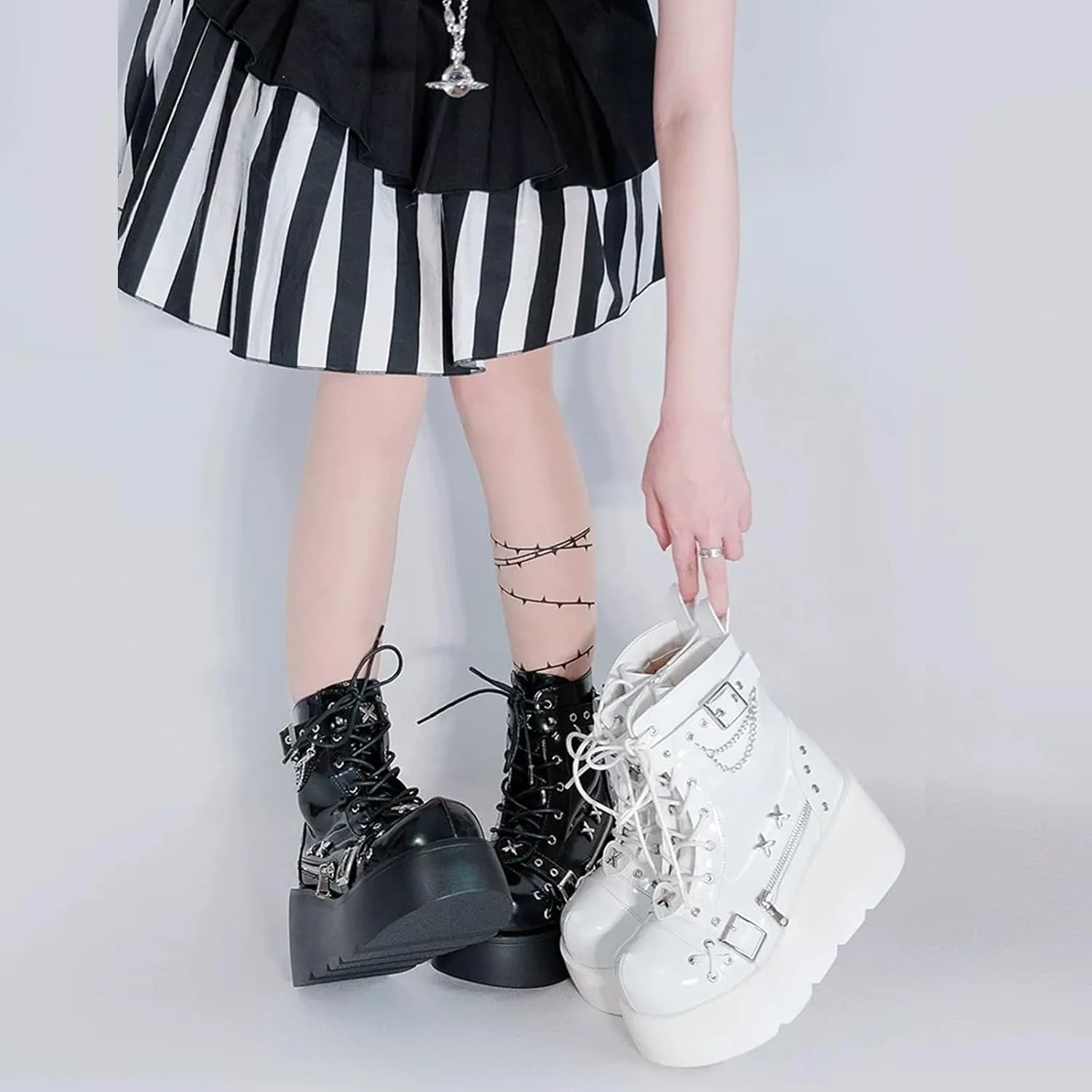 Goth Chunky Ankle Boots for Women - Bat Buckle DIY Platform,Zip Round Toe Lace Up Combat Bootie, Wedge Rave Boots Black Punk Shoes - Light Weight & Waterproof