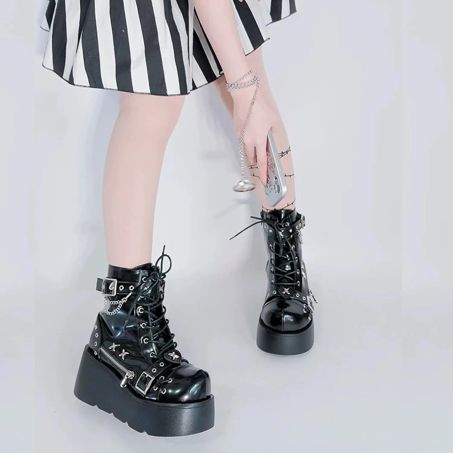 Goth Chunky Ankle Boots for Women - Bat Buckle DIY Platform,Zip Round Toe Lace Up Combat Bootie, Wedge Rave Boots Black Punk Shoes - Light Weight & Waterproof