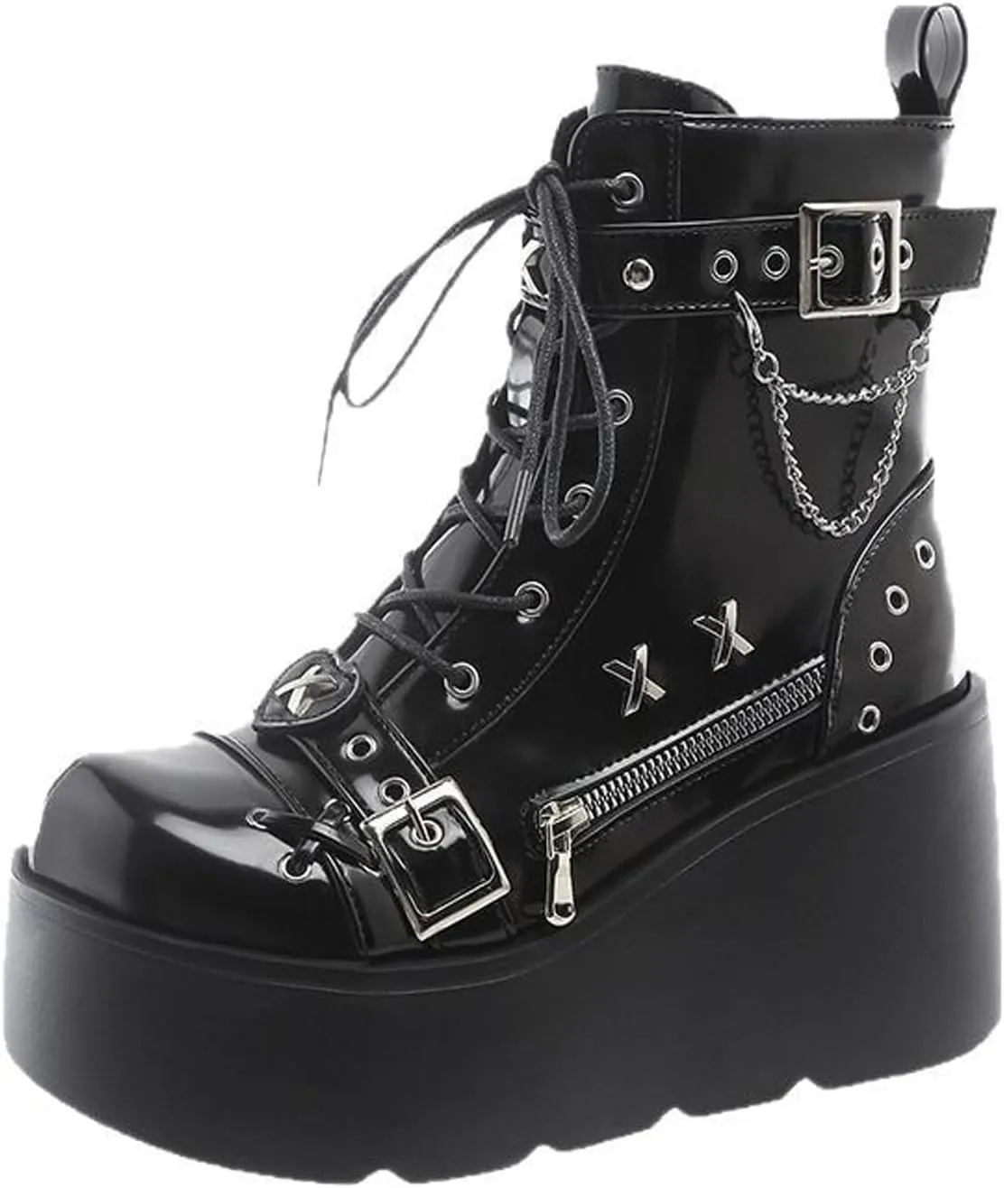 Goth Chunky Ankle Boots for Women - Bat Buckle DIY Platform,Zip Round Toe Lace Up Combat Bootie, Wedge Rave Boots Black Punk Shoes - Light Weight & Waterproof