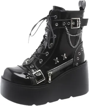 Goth Chunky Ankle Boots for Women - Bat Buckle DIY Platform,Zip Round Toe Lace Up Combat Bootie, Wedge Rave Boots Black Punk Shoes - Light Weight & Waterproof