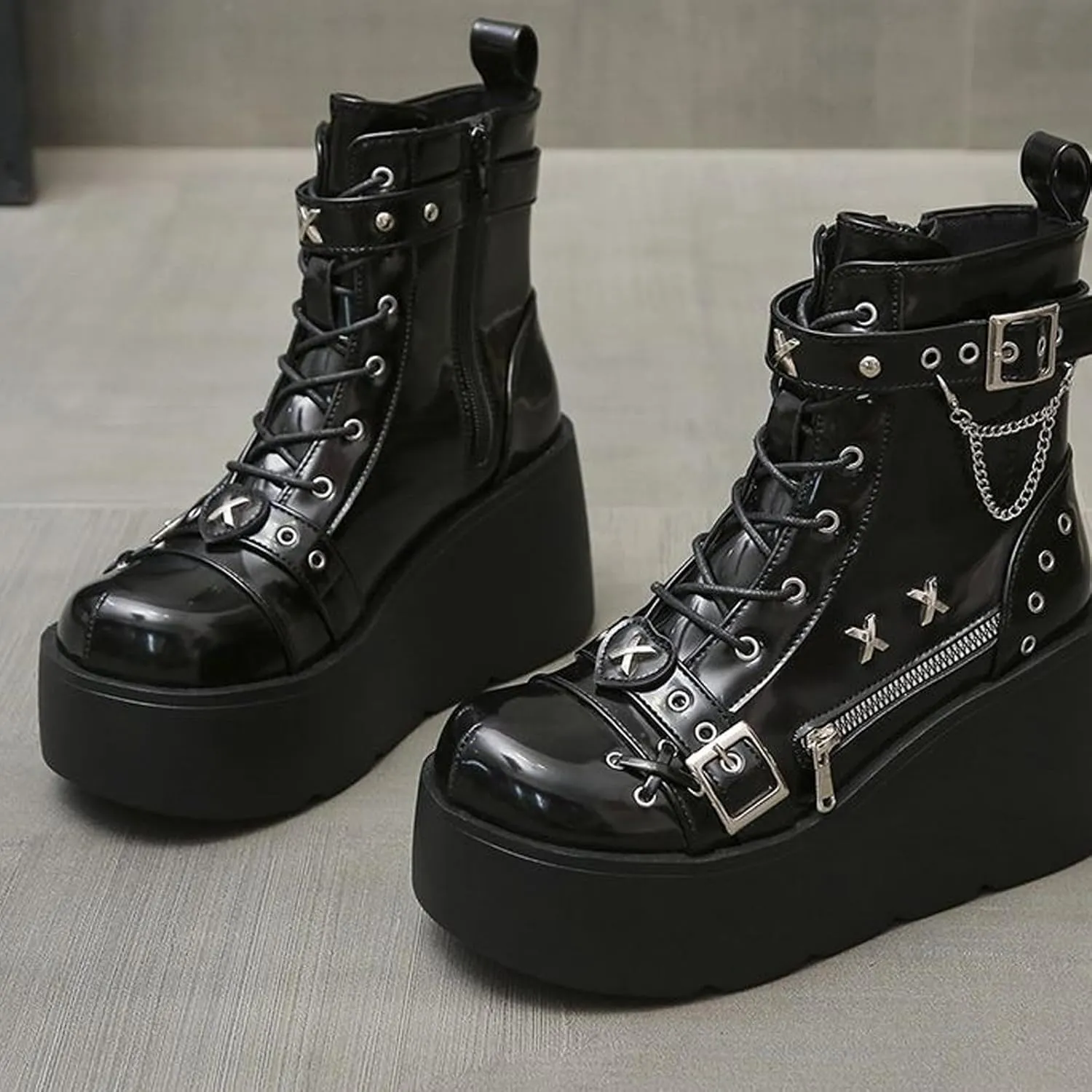 Goth Chunky Ankle Boots for Women - Bat Buckle DIY Platform,Zip Round Toe Lace Up Combat Bootie, Wedge Rave Boots Black Punk Shoes - Light Weight & Waterproof