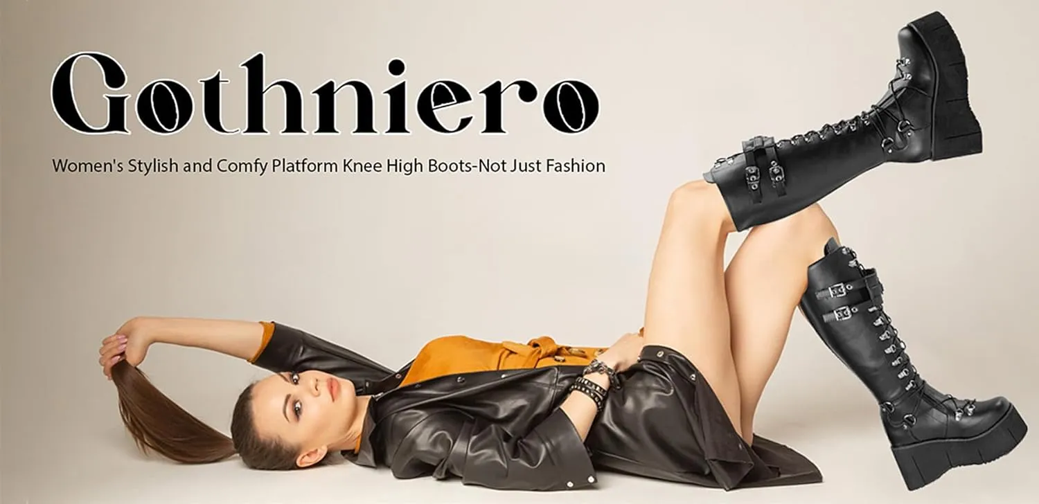Gothniero Women Black Platform Goth Boots Mid Calf with Heel Knee High Boots Winter Chunky Heel Punk Rave Boots Girls Lace Up Combat Booties Size 5.5-11