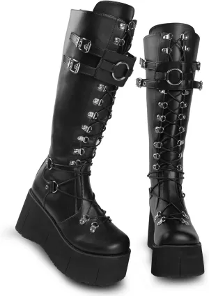 Gothniero Women Black Platform Goth Boots Mid Calf with Heel Knee High Boots Winter Chunky Heel Punk Rave Boots Girls Lace Up Combat Booties Size 5.5-11