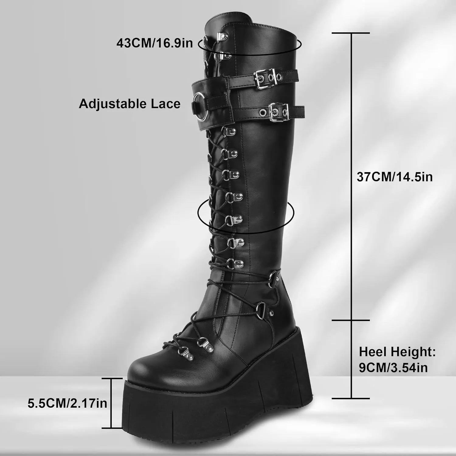 Gothniero Women Black Platform Goth Boots Mid Calf with Heel Knee High Boots Winter Chunky Heel Punk Rave Boots Girls Lace Up Combat Booties Size 5.5-11