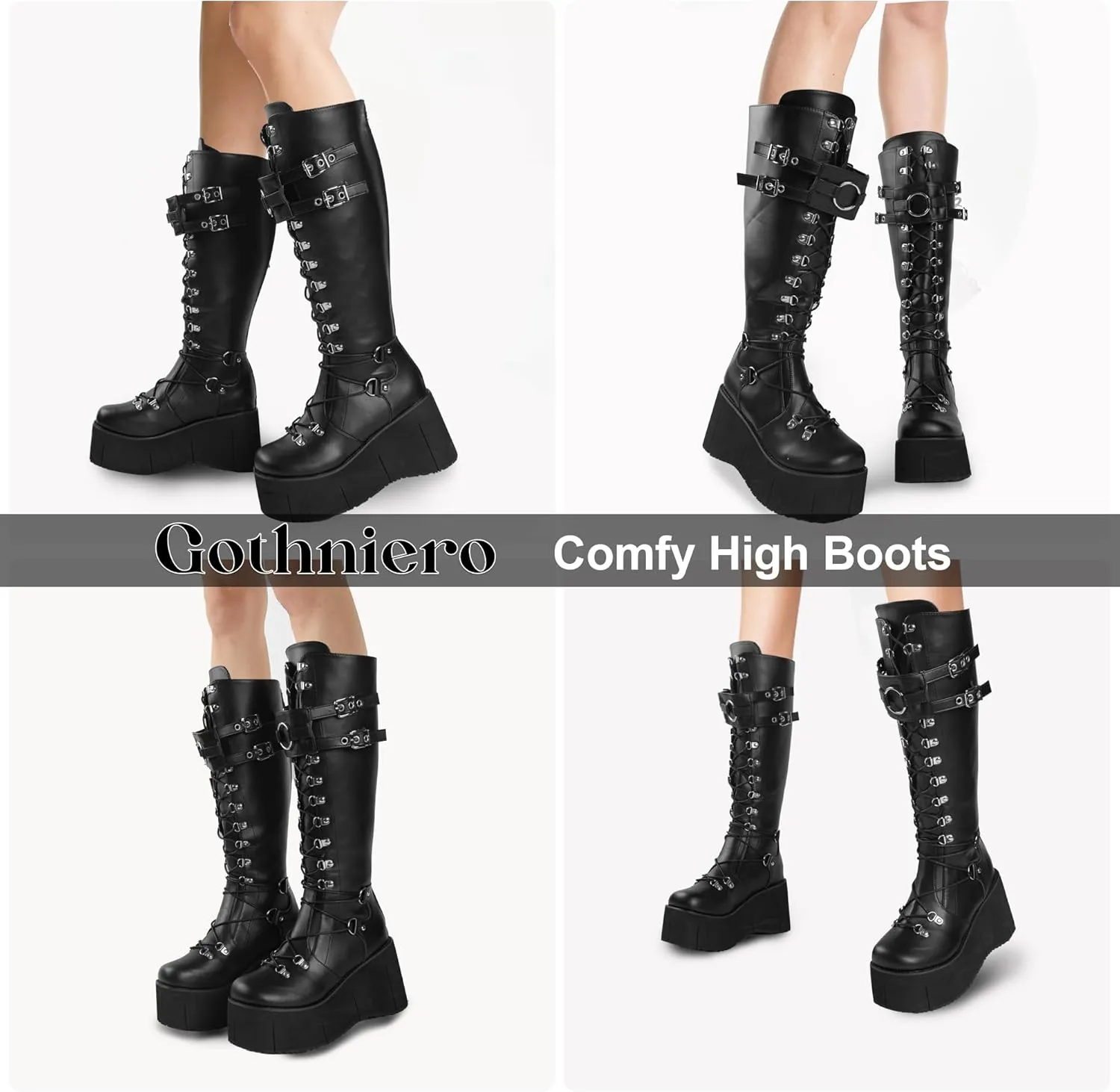 Gothniero Women Black Platform Goth Boots Mid Calf with Heel Knee High Boots Winter Chunky Heel Punk Rave Boots Girls Lace Up Combat Booties Size 5.5-11